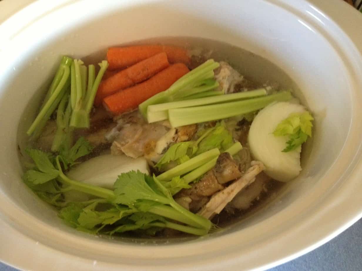 bones and veggies in crockpot