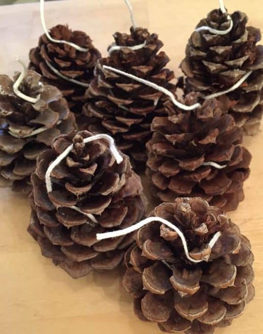 wrapping pine cones with wick