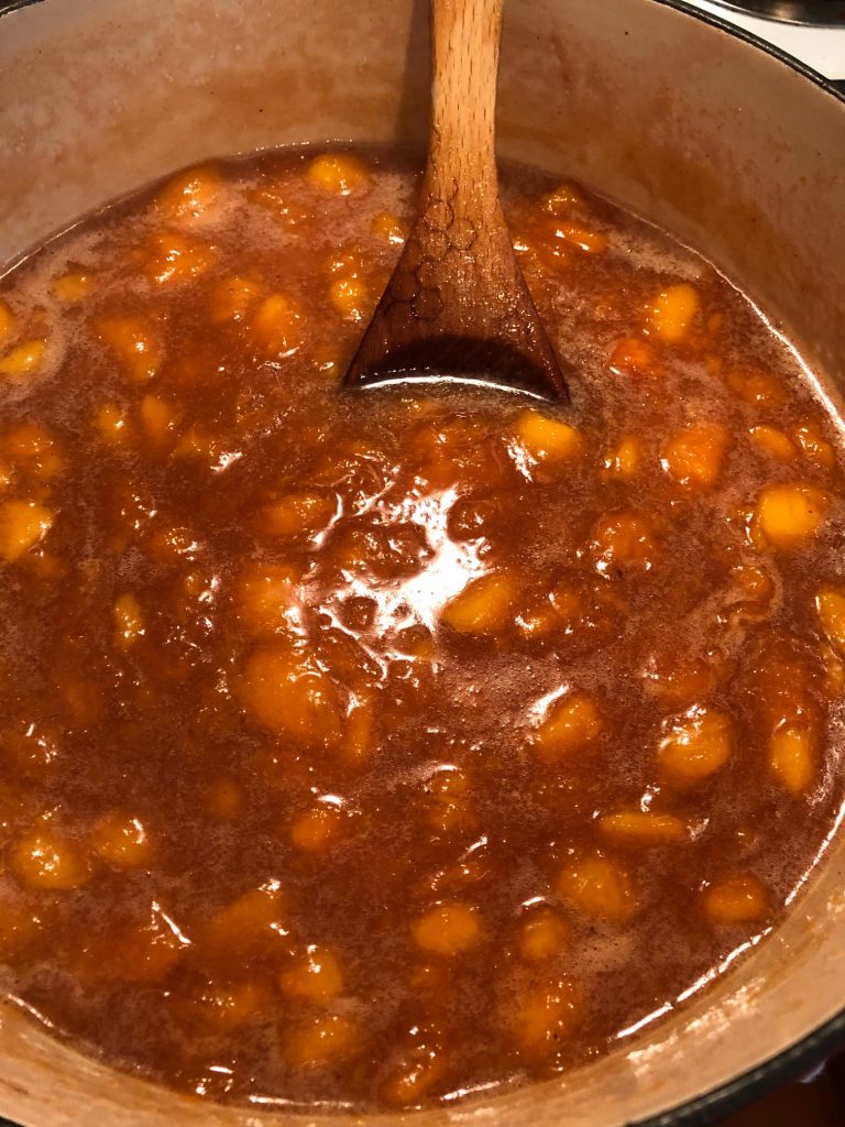 pumpkin spiced nectarine jam in large pot